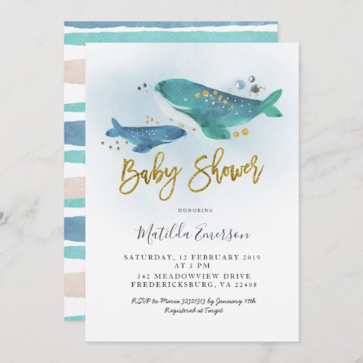 Navy Blue Whale Baby shower Invitation Kaart (Voorkant / Achterkant)