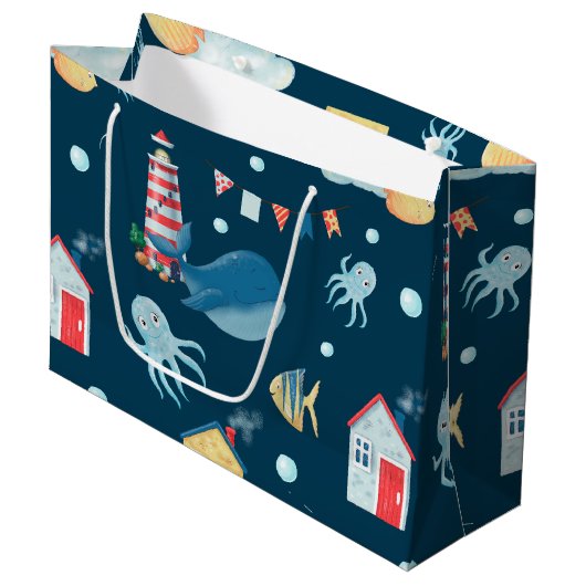 Navy Blue Whale Groot Cadeauzakje (Voorkant Gekanteld)