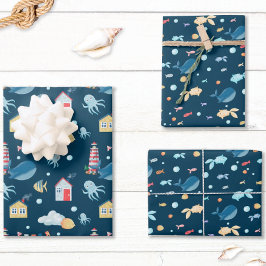 Navy Blue Whale Nautical Inpakpapier Vel