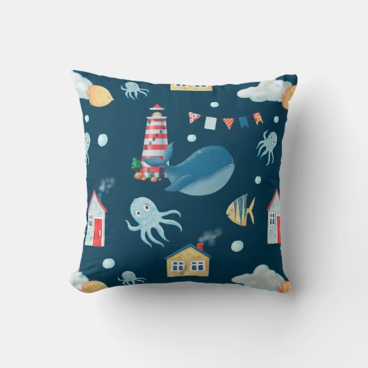 Navy Blue Whale Nautical Kussen (Voorkant)