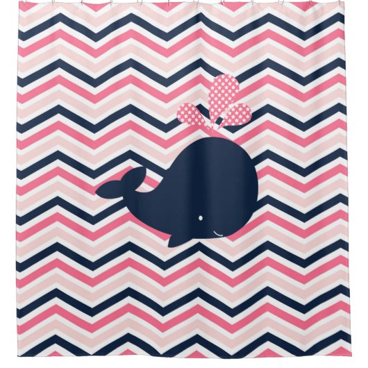Navy Blue Whale op Roze, marineschevron Stripes Douchegordijn (Voorkant)