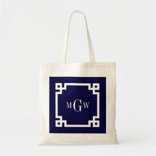 Navy Blue WhGriekse sleutel #2 omhuld 3 Init Monog Tote Bag