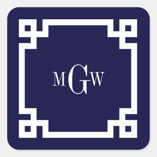 Navy Blue WhGriekse sleutel #2 omhuld 3 Init Monog Vierkante Sticker (Voorkant)