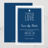 Navy Blue Whimsical Doodle Lijst Save the Date Kaart (Voorkant / Achterkant)