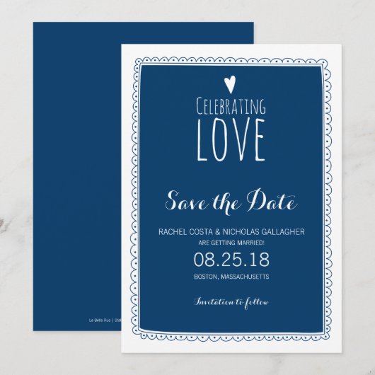 Navy Blue Whimsical Doodle Lijst Save the Date Kaart (Voorkant / Achterkant)