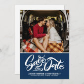Navy Blue Whimsical Hand Lettered Photo Overlay Save The Date (Voorkant / Achterkant)