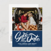 Navy Blue Whimsical Lettered Photo Save the Date Aankondigingskaart (Voorkant / Achterkant)