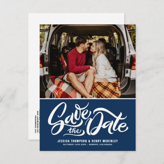 Navy Blue Whimsical Lettered Photo Save the Date Aankondigingskaart (Voorkant / Achterkant)