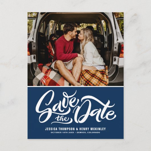 Navy Blue Whimsical Lettered Photo Save the Date Aankondigingskaart (Voorkant)
