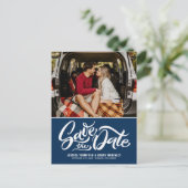 Navy Blue Whimsical Lettered Photo Save the Date Aankondigingskaart (Staand voorkant)