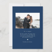 Navy Blue Whimsical Script Foto Verloving Aankondiging (Achterkant)