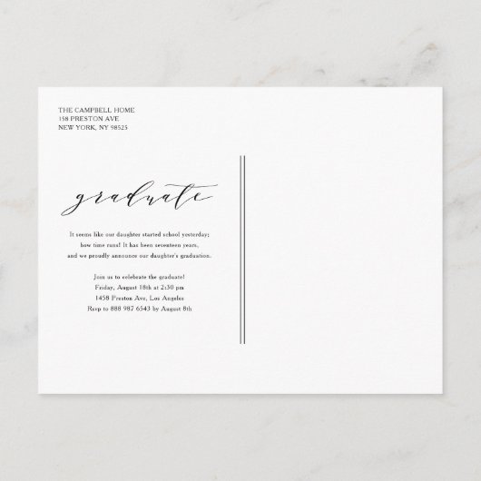 Navy Blue Whimsical Script Photo Afstuderen Aankondigingskaart (Achterkant)