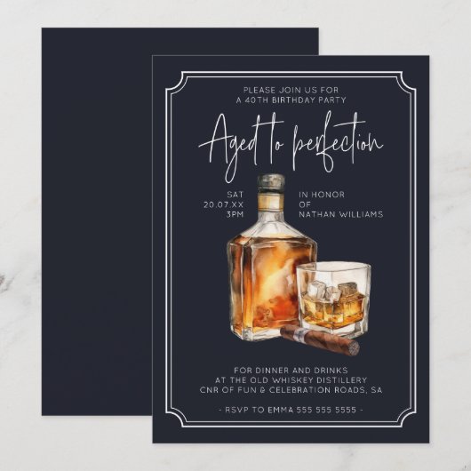 Navy Blue Whiskey Fles Verjaardag Uitnodiging (Voorkant / Achterkant)