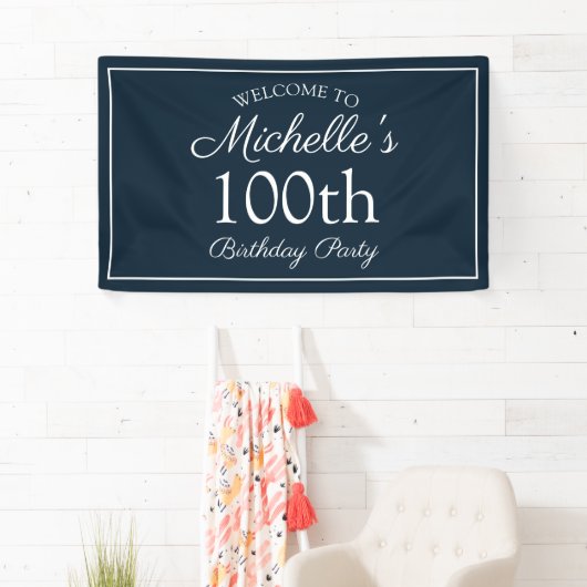Navy Blue White 100th Birthday Party Spandoek (Insitu)