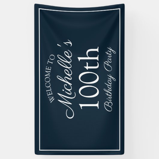 Navy Blue White 100th Birthday Party Spandoek (Verticaal)