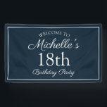 Navy Blue White 18th Birthday Party Spandoek<br><div class="desc">Moderne marineblauw en witte 18e verjaardagsbanner voor de viering van het verjaardagsfeest van een vrouw. De tekst is een elegante doopvont van het calligrafiemanuscript. Neem contact met ons op voor hulp bij aanpassingen of om passende producten aan te vragen.</div>