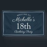 Navy Blue White 18th Birthday Party Spandoek<br><div class="desc">Moderne marineblauw en witte 18e verjaardagsbanner voor de viering van het verjaardagsfeest van een vrouw. De tekst is een elegante doopvont van het calligrafiemanuscript. Neem contact met ons op voor hulp bij aanpassingen of om passende producten aan te vragen.</div>