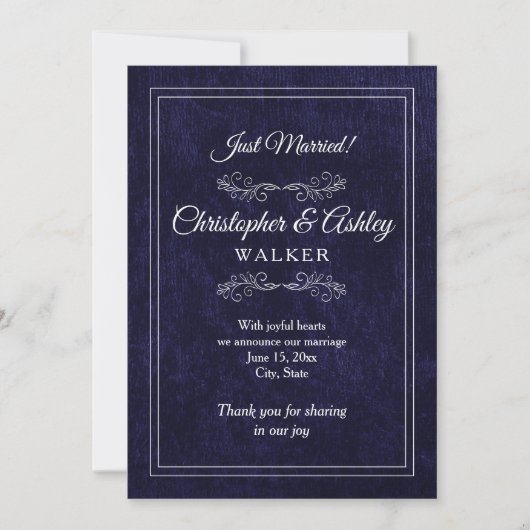 Navy Blue White 2 Sided Photo Wedding Announcement (Voorkant)