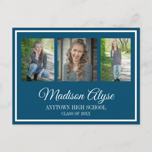 Navy Blue White 3 Foto Afstudeer Uitnodiging (Voorkant)
