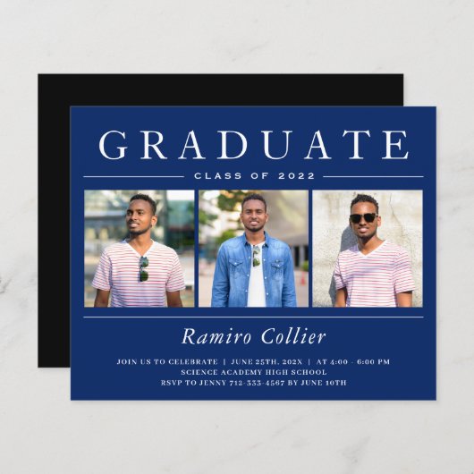 Navy Blue White 3 Photo Graduation Invitations (Voorkant / Achterkant)