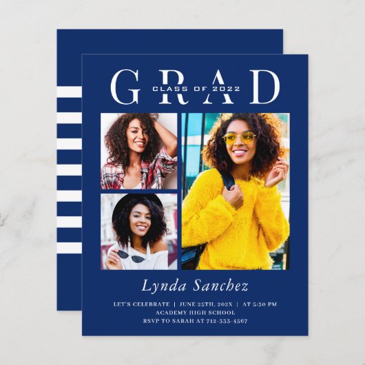 Navy Blue White 3 Photo Graduation Invitations (Voorkant / Achterkant)