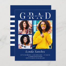 Navy Blue White 3 Photo Graduation Invitations