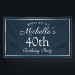Navy Blue White 40th Birthday Party Spandoek<br><div class="desc">Navy blue en white 40th verjaardagsfeestbanner voor de viering van een vrouw. De tekst is een elegante doopvont van het calligrafiemanuscript. Neem contact met ons op voor hulp bij aanpassingen of om passende producten aan te vragen.</div>