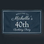 Navy Blue White 40th Birthday Party Spandoek<br><div class="desc">Navy blue en white 40th verjaardagsfeestbanner voor de viering van een vrouw. De tekst is een elegante doopvont van het calligrafiemanuscript. Neem contact met ons op voor hulp bij aanpassingen of om passende producten aan te vragen.</div>