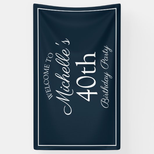 Navy Blue White 40th Birthday Party Spandoek (Verticaal)