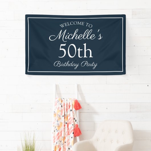 Navy Blue White 50th Birthday Party Spandoek (Insitu)