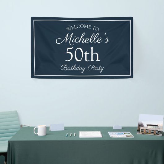 Navy Blue White 50th Birthday Party Spandoek (Beurs)