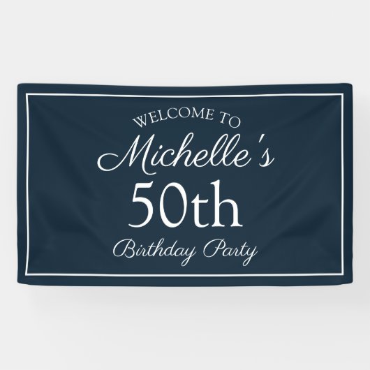 Navy Blue White 50th Birthday Party Spandoek (Horizontaal)