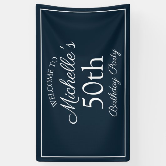 Navy Blue White 50th Birthday Party Spandoek (Verticaal)