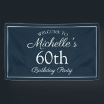 Navy Blue White 60th Birthday Party Spandoek<br><div class="desc">Navy blauw en witte 60e verjaardagsfeestbanner voor een vrouwendag. De tekst is een elegante doopvont van het calligrafiemanuscript. Neem contact met ons op voor hulp bij aanpassingen of om passende producten aan te vragen.</div>
