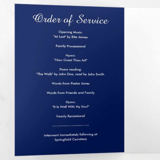 Navy Blue & White 6-pagina Trifold Uitvaart Progra Drieluik Programma (Binnenzijde eerst)