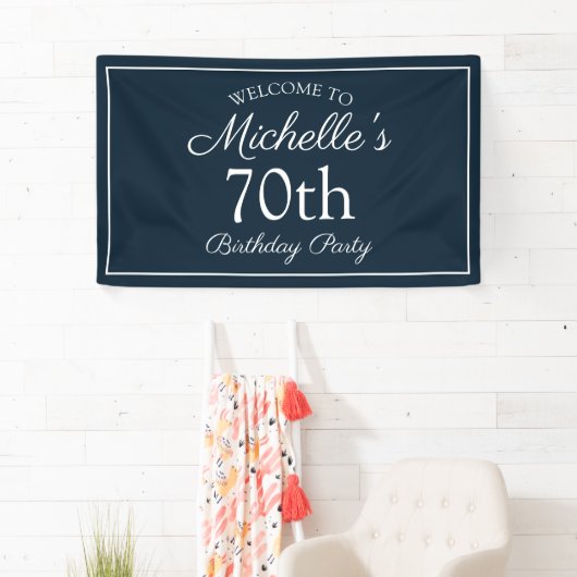 Navy Blue White 70th Birthday Party Spandoek (Insitu)