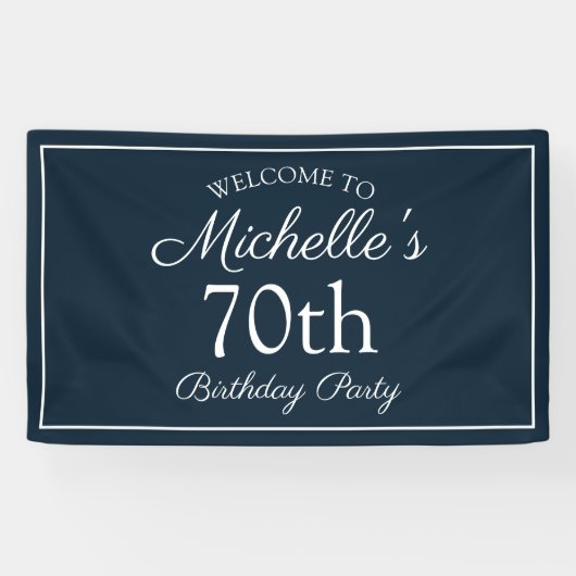 Navy Blue White 70th Birthday Party Spandoek (Horizontaal)
