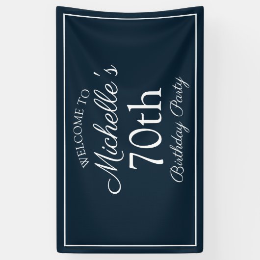 Navy Blue White 70th Birthday Party Spandoek (Verticaal)