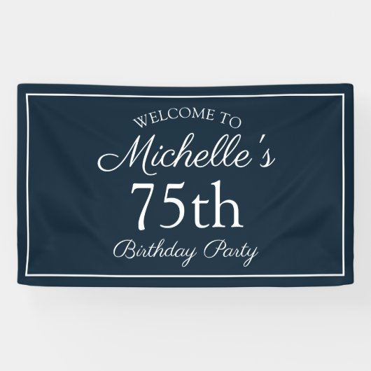 Navy Blue White 75th Birthday Party Spandoek (Horizontaal)