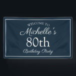 Navy Blue White 80th Birthday Party Spandoek<br><div class="desc">Navy blauw en wit op maat 80ste verjaardagsfeestbanner voor een vrouwendag. De tekst is een elegante doopvont van het calligrafiemanuscript. Neem contact met ons op voor hulp bij aanpassingen of om passende producten aan te vragen.</div>
