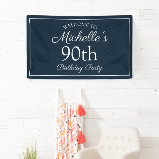Navy Blue White 90th Birthday Party Spandoek (Insitu)