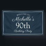 Navy Blue White 90th Birthday Party Spandoek<br><div class="desc">Nazeblauw en wit gebruik op de 90ste verjaardag van de feestdag voor de viering van een vrouw. De tekst is een elegante doopvont van het calligrafiemanuscript. Neem contact met ons op voor hulp bij aanpassingen of om passende producten aan te vragen.</div>