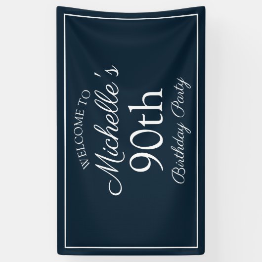 Navy Blue White 90th Birthday Party Spandoek (Verticaal)