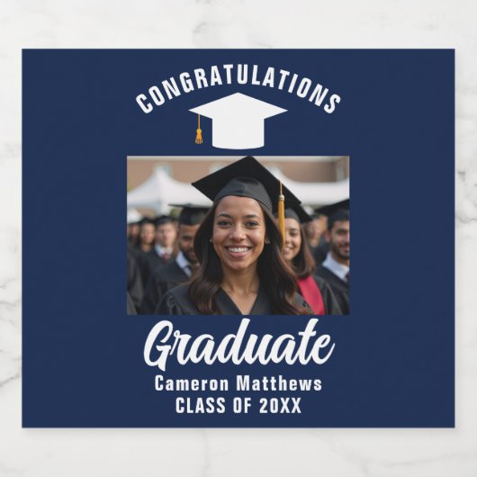 Navy Blue White Afstuderen foto Afstudeerfeest Bier Etiket (Enkel label)