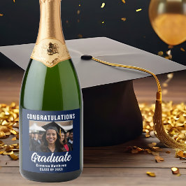 Navy Blue White Afstuderen foto Afstudeerfeest Sparkling Wijnetiket