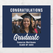 Navy Blue White Afstuderen foto Afstudeerfeest Sparkling Wijnetiket (Enkel label)