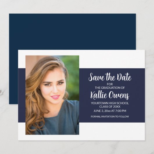 Navy Blue White Afstuderen Foto Save the Date Kaart (Voorkant / Achterkant)