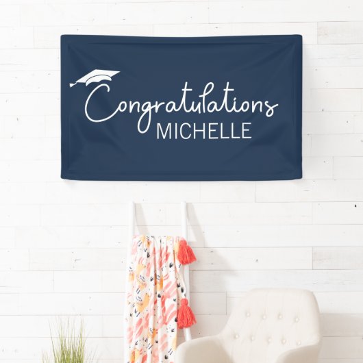 Navy Blue White Afstuderen Gefeliciteerd Spandoek (Insitu)