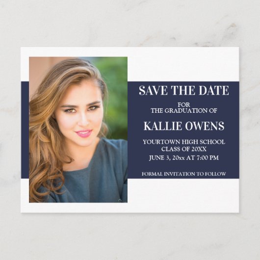 Navy Blue White Afstuderen Save the Date Aankondigingskaart (Voorkant)