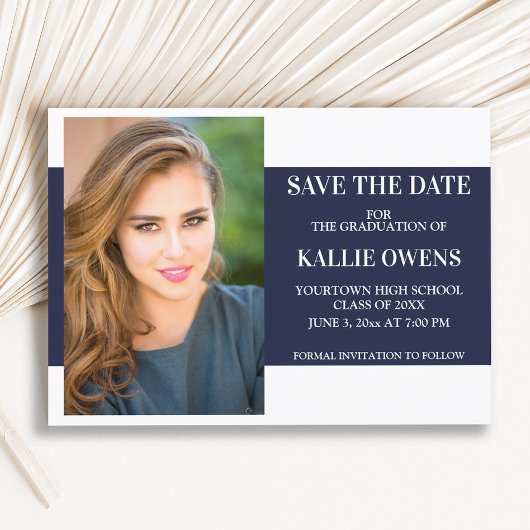 Navy Blue White Afstuderen Save the Date Aankondigingskaart